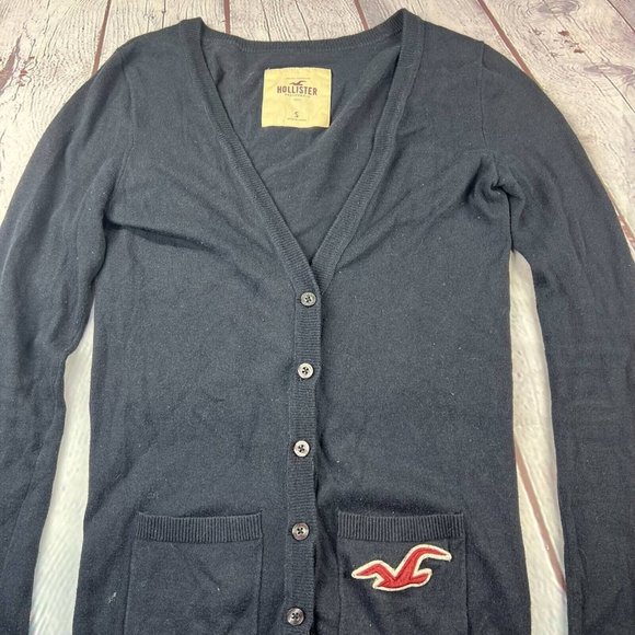 Hollister Women’s Cardigan Sweater Blue V Neck Pockets Long Sleeve Logo Knit S - Picture 3 of 8